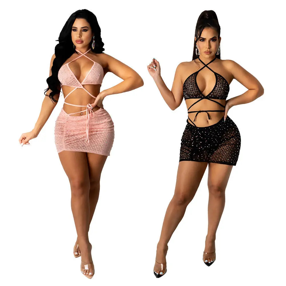 ANJAMANOR Sexy 2 Piece Set Bling Rhinestones Sheer Mesh Ruched Mini Skirts Club Outfits Women Summer Clothing D57-CG15 - Mytrendss