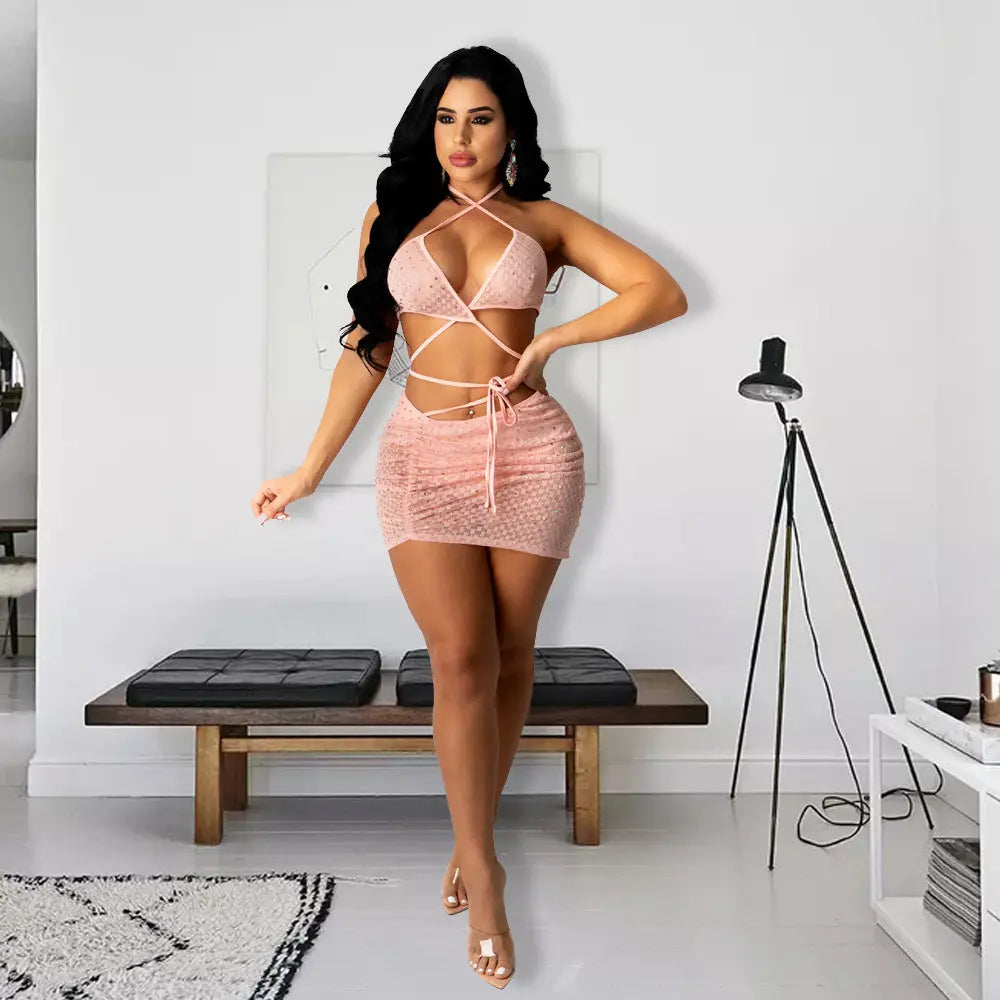 ANJAMANOR Sexy 2 Piece Set Bling Rhinestones Sheer Mesh Ruched Mini Skirts Club Outfits Women Summer Clothing D57-CG15 - Mytrendss