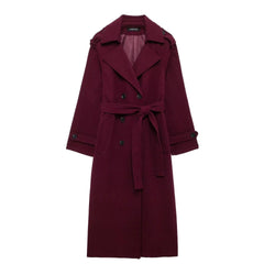 Fashion Lapel Woolen Coat With Belt Winter Double-breasted Trench Long Jacket For Women Clothing Mytrendss